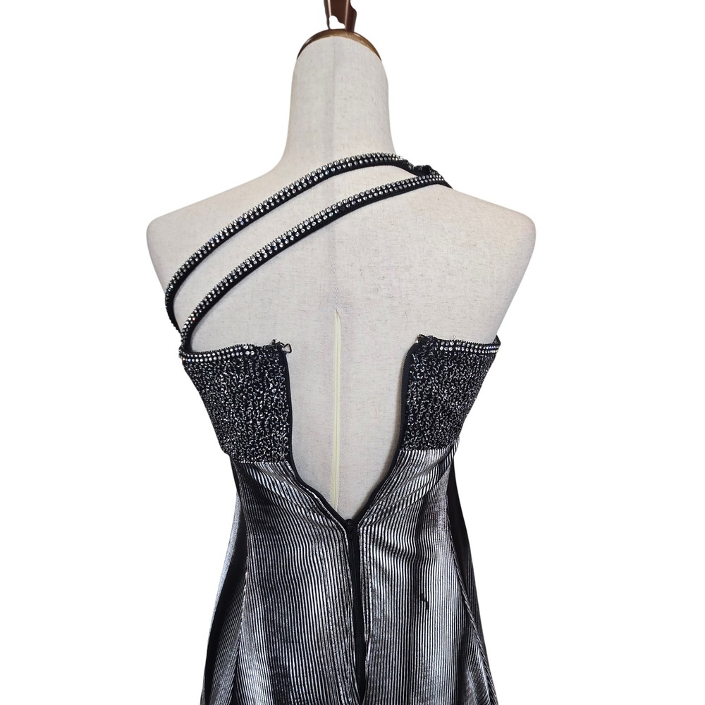 Vintage Rivar's 3/4 One Shoulder Silver Metallic Pleated Gown Formal Prom Dress - Picture 4 of 12